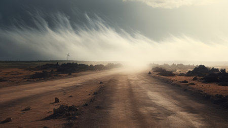 Dirt road through the desert at sunset. 3d rendering.の素材