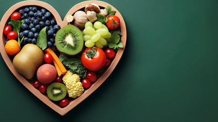 Healthy fruits and vegetables in heart shaped bowl on green background.の素材