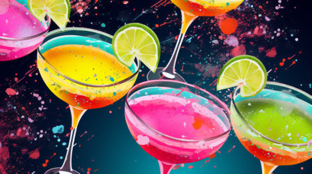 Colorful cocktails with splashes and drops on a dark background.の素材
