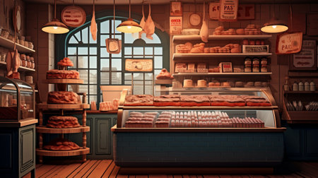 3D rendering of a bakery in a wooden building with shelves full of bread and rollsの素材