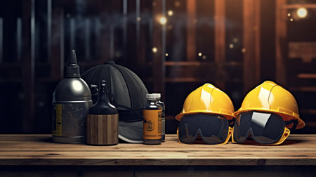 3d rendering of safety helmet and hard hat on wooden table.の素材