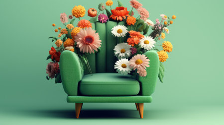 Vintage armchair with flowers on green background. 3d renderingの素材