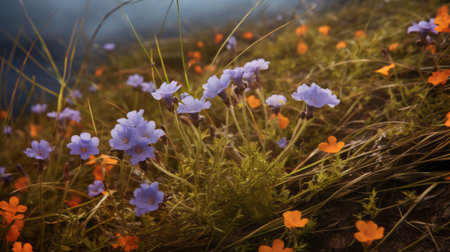 Beautiful spring flowers on a mountain meadow. Selective focus.の素材