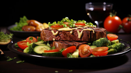 Tasty beef steak with vegetables on plate on wooden table, closeupの素材