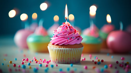 Birthday cupcake with candles and candies on a blue backgroundの素材