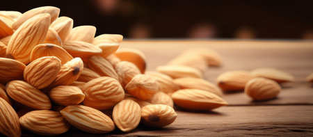 Almond nuts on wooden table, closeup. Almond backgroundの素材