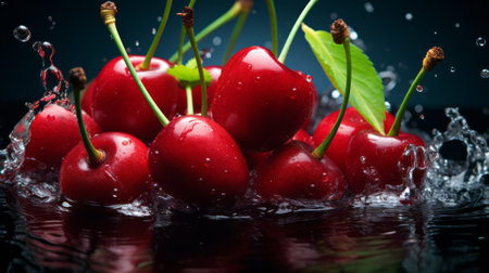 Cherries in water with splash and drops on black background.の素材
