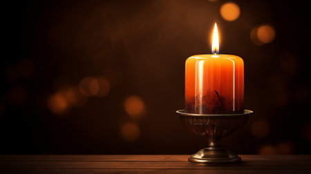 Burning candle in candlestick on wooden table against bokeh backgroundの素材