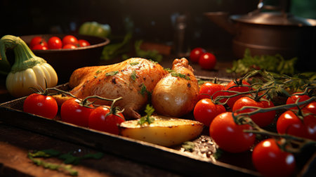 Baked chicken with potatoes and vegetables on a wooden table in the kitchenの素材