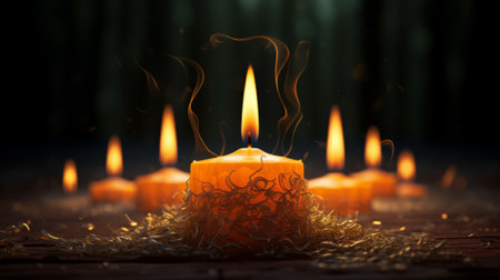 Burning candles on a wooden table, close-up, selective focusの素材