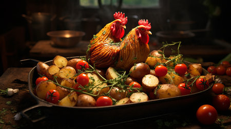 Rooster with new potatoes in a cast-iron frying pan.の素材