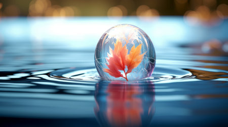 Autumn leaf in crystal ball on water surface. 3D renderingの素材