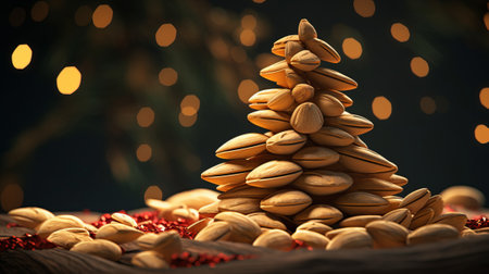 Christmas tree made of nuts on a wooden board with bokeh backgroundの素材