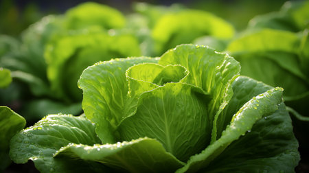 Close up of fresh green lettuce growing in the vegetable garden. Selective focus.の素材