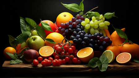 Fresh fruits and vegetables on a black background. Healthy food concept.の素材
