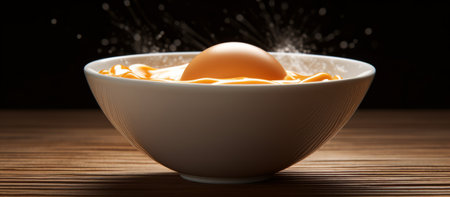 boiled egg in a white bowl on a wooden table with black backgroundの素材