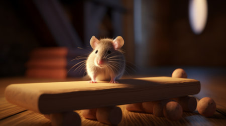 White rat on a wooden board in the dark. 3d rendering.の素材