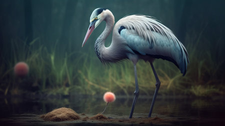 Grey heron in the swamp, 3d rendering. Computer digital drawing.の素材