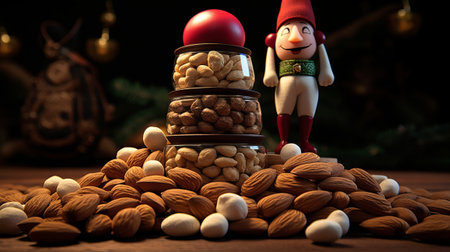 Christmas decoration with Santa Claus and Almonds on wooden table. Selective focus.の素材