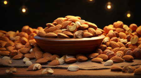 Almond nuts in wooden bowl on sackcloth, on dark backgroundの素材