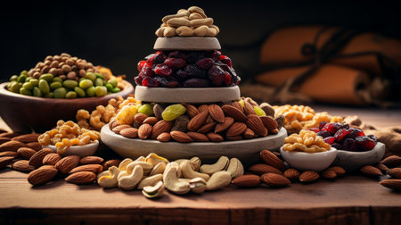 Mixed nuts and dried fruits on wooden background. Healthy eating concept.の素材