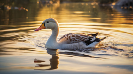 White swan swimming on the lake at sunset, close-upの素材