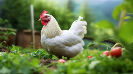 White rooster in the garden with red and green radish.の素材