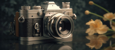 Vintage camera and yellow flowers on a black background. 3d renderingの素材