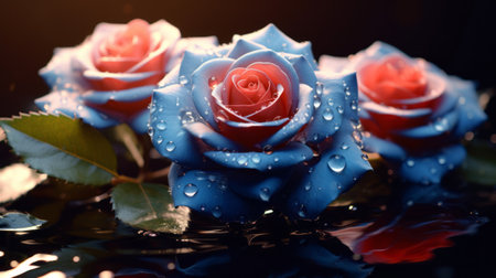 Beautiful roses with water drops on dark background, close-upの素材