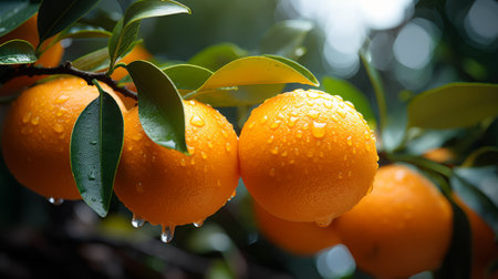 Ripe oranges with water drops on the tree in the garden.の素材