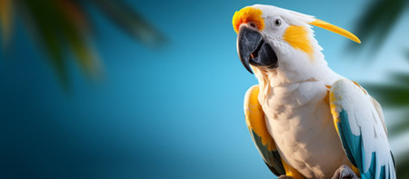 Parrot sitting on a branch with palm leaves on blue background.の素材