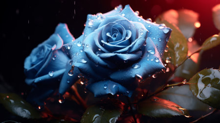 Beautiful blue rose with water drops on black background, close upの素材