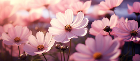 Cosmos flowers in the garden. Floral background. Soft focus.の素材