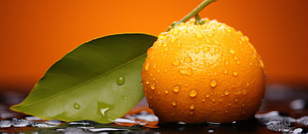 Fresh tangerine with water drops on orange background, closeupの素材