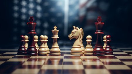 Chess pieces on a chessboard with American flag in the background.の素材