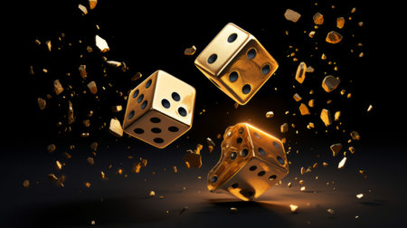 Golden dice flying in the air on black background. 3d illustrationの素材