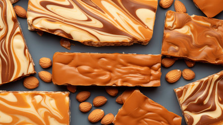 Pieces of delicious caramel candies with nuts on grey background, top viewの素材