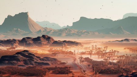 Fantasy alien planet. Mountain and lake. 3D illustration.の素材