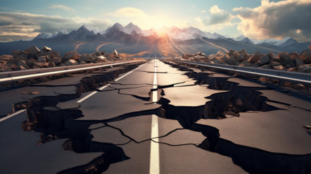 Futuristic road with cracked asphalt, 3d rendering. Computer digital drawing.の素材