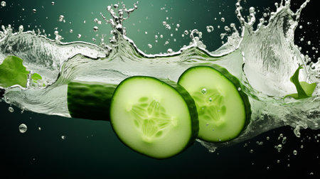 Cucumber slices with water splash on black background. 3d illustrationの素材