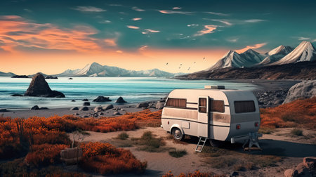Camper on the seashore at sunset. 3d renderingの素材