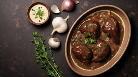 Beef meatballs in creamy sauce with herbs and garlic on a brown backgroundの素材