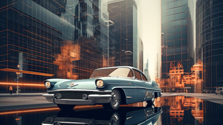 Retro american car on road in city. 3d renderingの素材