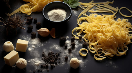 Ingredients for cooking pasta on a black background, close-up.の素材