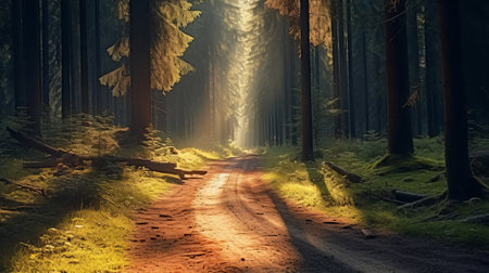 Beautiful fantasy landscape with forest road and sunbeams through the treesの素材