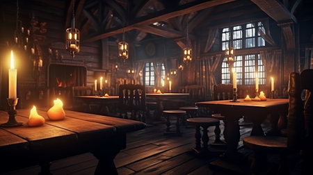 3D rendering of an old gothic pub interior with candlesの素材