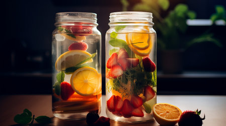 Detox water with strawberries, lemon and mint in glass jars.の素材