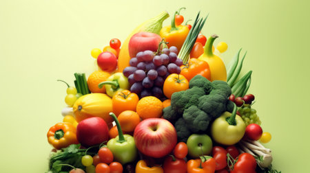 Fruits and vegetables on a green background. Healthy food concept.の素材