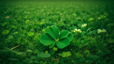 Green clover leaves on green grass background with shallow depth of fieldの素材