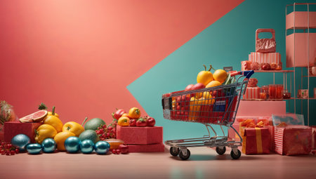 Fruits and vegetables in a shopping cart on a red background.の素材